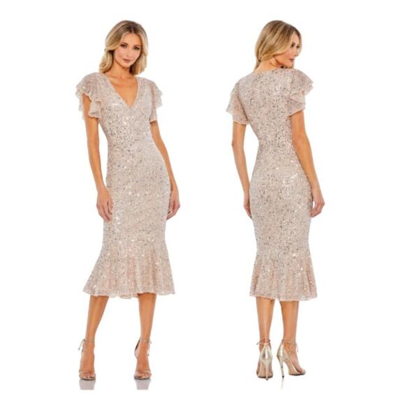 Mac Duggal Nude Silver Sequin Midi Gown Cap Sleeve Ruffle Dress Size 12 NWOT - Picture 1 of 11